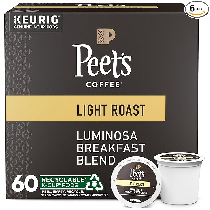 Peet's Coffee, Light Roast Keurig K-Cup Pods - Luminosa Breakfast Blend (6 Boxes of 10 K-Cup Pods)