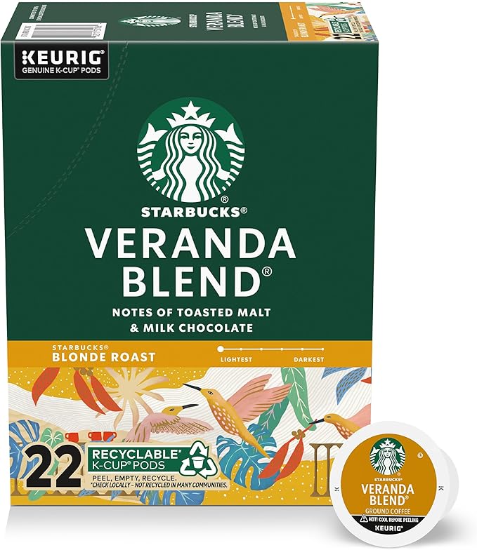 Starbucks K-Cup Coffee Pods, Starbucks Blonde Roast Hot or Iced Coffee, Veranda Blend, 22 Keurig Pods
