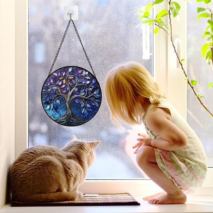 Stained Glass Window Hanging, Blue Purple Tree of Life Sun Catchers Colorful Glass Panel Plants Suncatcher Decor for Birthday for Women,Men,Wife, Lovers, and Mom 6.3 in