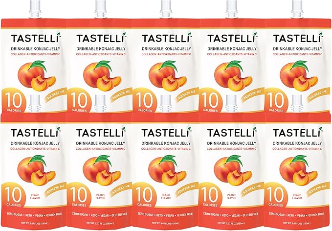 Tastelli Konjac Jelly Infused with Collagen & Vitamin C | Gluten Free, Sugar Free, Low Calorie | Vegan Drinkable Fruit Jelly Snack | Peach | 150mL x 10 Pouches