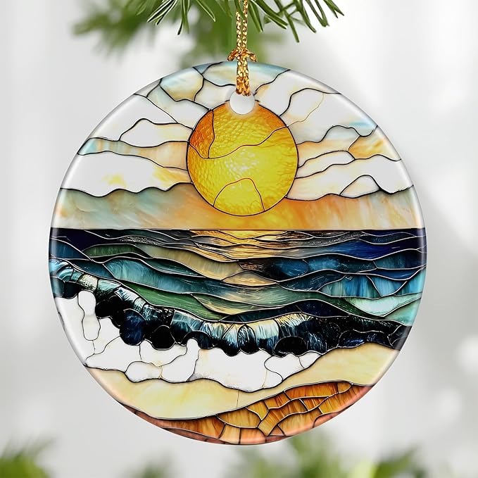 Beach Sunset Ornament, Christmas Ornament – Christmas Tree Decor, Holiday Decoration, Stocking Stuffer, Festive Gift Idea, Gifts for Ocean Lover, Nature Lover, Friends, and Family