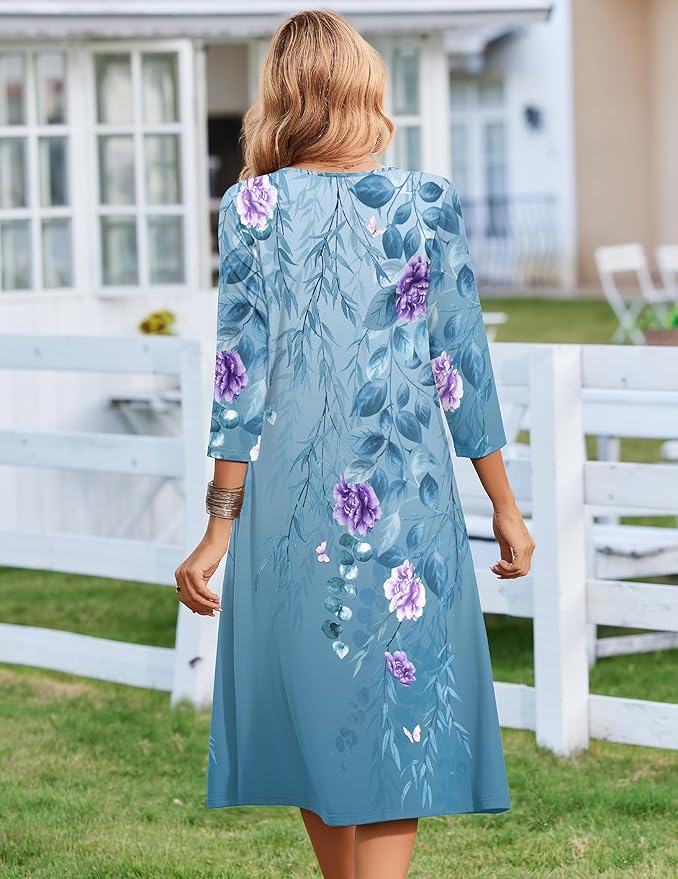ZEAGOO 3/4 Sleeve Women's Dress Casual Flowy A-Line Midi Tshirt Dresses with Pocket Empire Waist Summer Boho Beach Sundress
