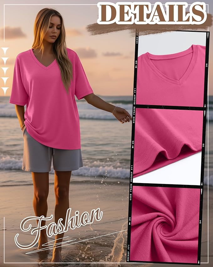 Huukeay Women's Cotton Oversized T Shirts 3 Pack V Neck Loose Fit Half Sleeve Tops Baggy Casual Summer Gym Workout Tees 2026