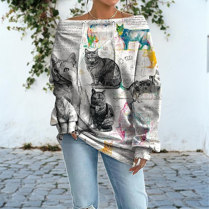Womens Sweatshirts Floral Print Sexy Off The Shoulder T Shirts Oversized Long Sleeve Pullover Fall Tops