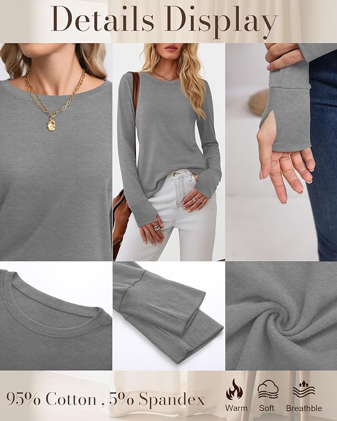 Huukeay 3 Pack Women's Long Sleeve Shirts with Thumb Holes, Cotton Casual Crew Neck Tunic Tops Fall Loose Y2k Trendy Outfits