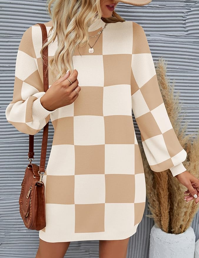 ZESICA Women's 2026 Fall Turtleneck Sweater Dress Oversized Long Lantern Sleeve Casual Knit Pullover Mini Dresses