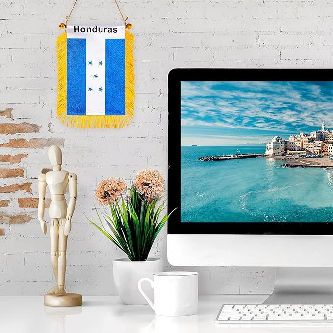 ZXvZYT 3 X 5 Inch Honduras Window Hanging Flag Honduran Small Mini Car Flags Banners Rearview Mirror Decoration - with Suction Cup & Golden Fringy Banner(2 Pack)