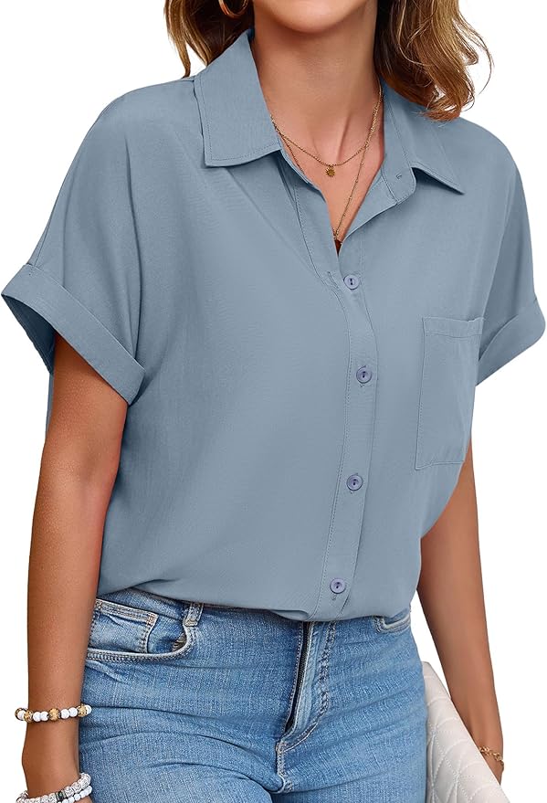 Womens Button Down Shirt Casual Short Sleeve Collared Work Blouse with Pocket