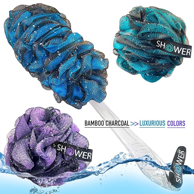 SHOWER BOUQUET Loofah-Charcoal Back-Scrubber & Bath-Sponge Color-Set // 1 Long-Handle-Back-Brush plus 2 Extra Large 75g Soft Mesh Loofa Lufa Loufa Poufs, Men & Women - Exfoliate with Full Pure Cleanse