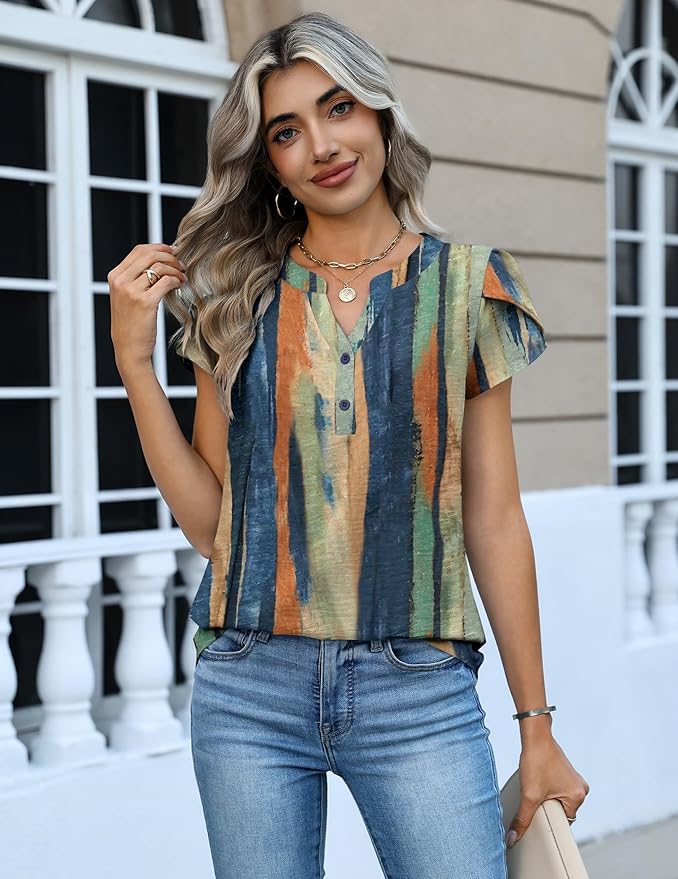 Zeagoo Womens Tops Dressy Casual Textured Blouses Cap Short Sleeve Shirts V Neck Button Up Summer Spring Work Tshirt Clothes