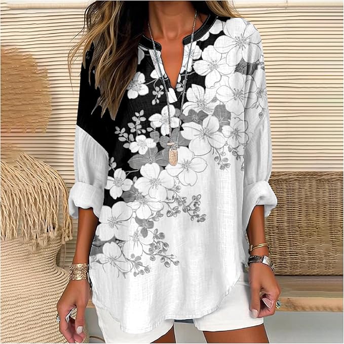 MARSVOVO V Neck Shirt For Women Boho Multi Style Blouse Long Sleeve Novelty Graphic Plus Size Pullover Tops For Women