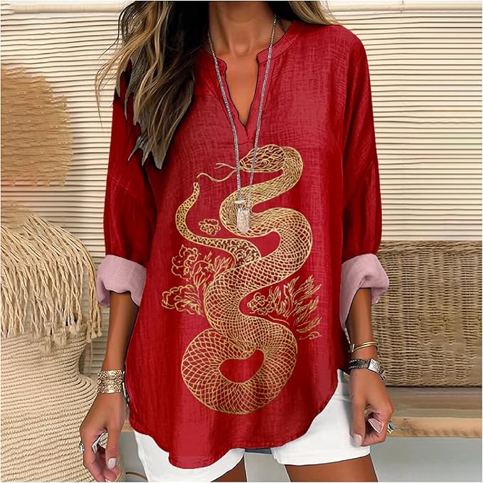 MARSVOVO V Neck Shirt For Women Boho Multi Style Blouse Long Sleeve Novelty Graphic Plus Size Pullover Tops For Women