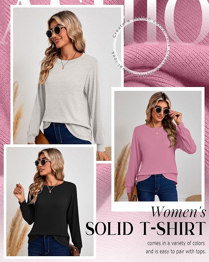 Ficerd 3 Pack Women's Long Sleeve Shirts, Cotton Crew Neck Tunic Tops Casual Loose Fit Pullover Sweatshirts Curved Hem Shirts