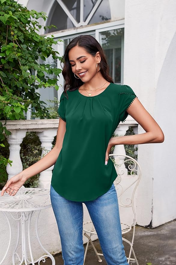 TASAMO Women's Casual Round Neck Basic Pleated Top Cap Sleeve Curved Keyhole Back Chiffon Blouse
