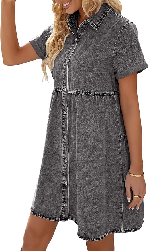 LookbookStore Women's Short Sleeve Button Down Flowy Tiered Babydoll Denim Dress