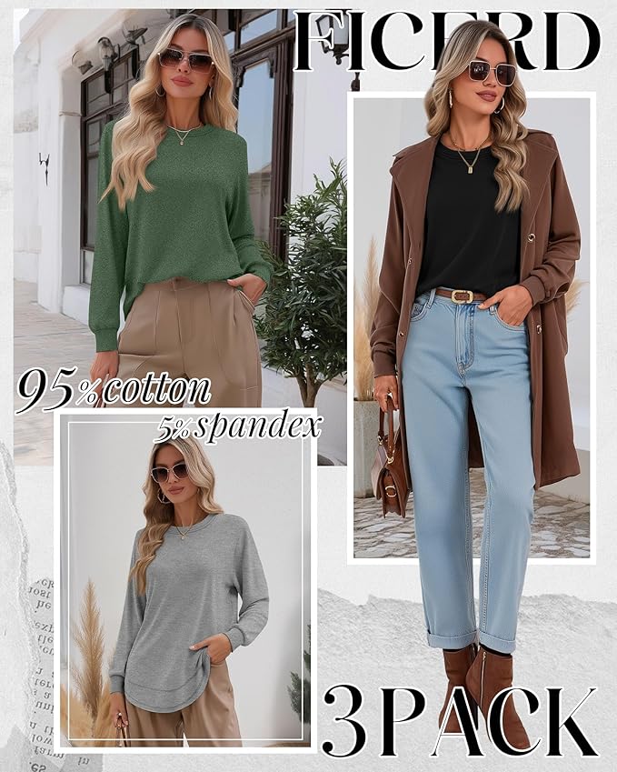 Ficerd 3 Pack Women's Long Sleeve Shirts, Cotton Crew Neck Tunic Tops Casual Loose Fit Pullover Sweatshirts Curved Hem Shirts