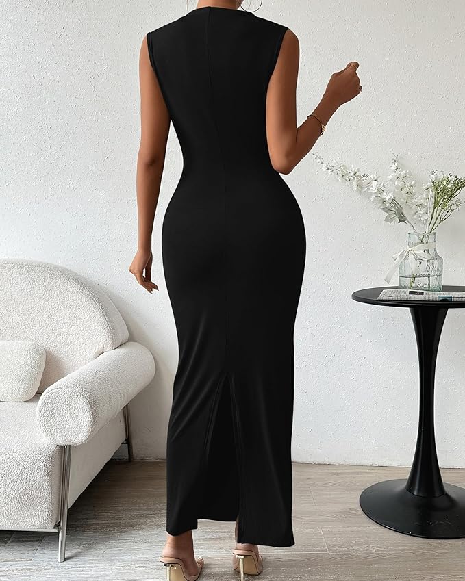 BTFBM Women's Ruched Bodycon Dress Summer Casual Sleeveless Lightweight Back Slit Elegant Club Party Cocktail Maxi Dresses