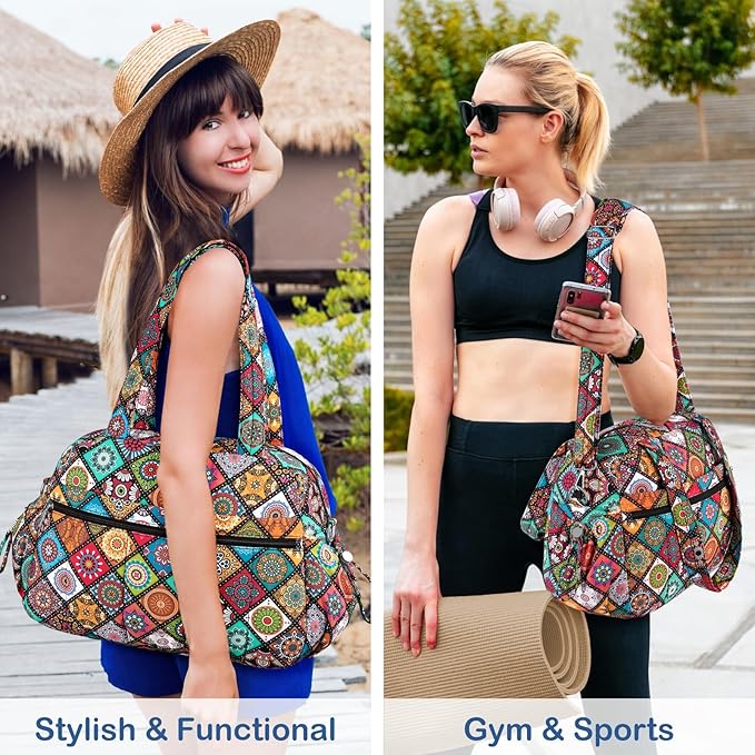 TOPDesign Travel Duffel Bag for Women, Puffer Gym Bag Sports Tote with Wet Pocket, Carry On Weekender with Luggage Sleeve (Yoga)