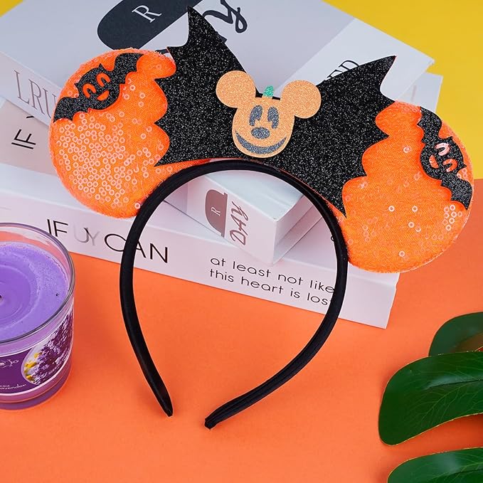HAMUTH Bat Ears Headband, Mouse Ears Headband for Women Girls Boys, Orange Bat Ears for Party Trip Parks Cosplay Accessories