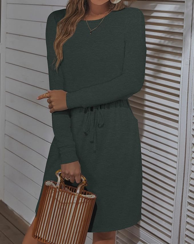 Simier Fariry Womens Spring Hide Belly Knee Length Travel Dress Pocket Summer Short Sleeve Midi Work Casual Outfits