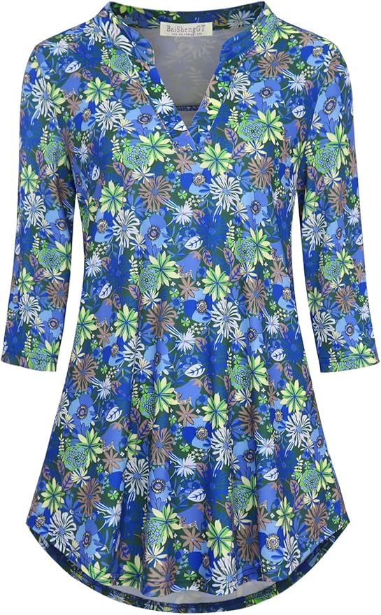 BAISHENGGT 3/4 Sleeve Tops for Women Notch V Neck Floral Work Blouses Dressy Casual Loose Fit Going Out Tunic Tops