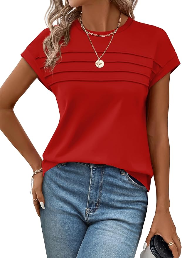 WEESO Womens Summer Tops Trendy 2026 Cap Sleeve T Shirts Crew Neck Pleated Front Beach Vacation Clothes Fashion