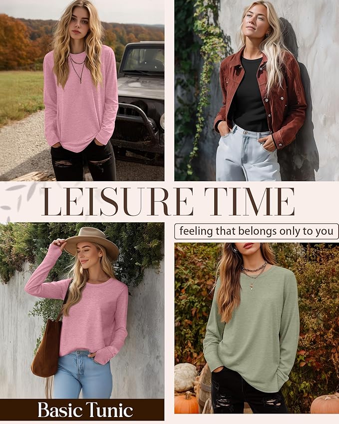 Huukeay 3 Pack Women's Long Sleeve Shirts with Thumb Holes, Cotton Casual Crew Neck Tunic Tops Fall Loose Y2k Trendy Outfits