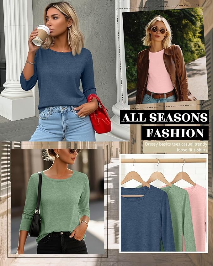Ficerd 3 Pack 3/4 Sleeve Tops for Women Round Neck Dressy Basics Tees Casual Trendy Loose Fit T Shirts