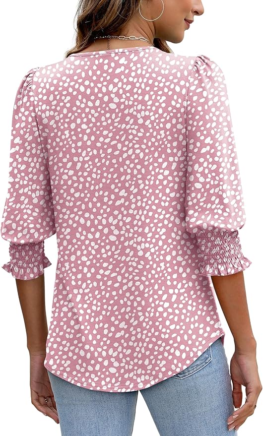 XIEERDUO Blouses for Women Dressy Casual 3/4 Length Sleeve Womens Tops with Smocked Cuffs