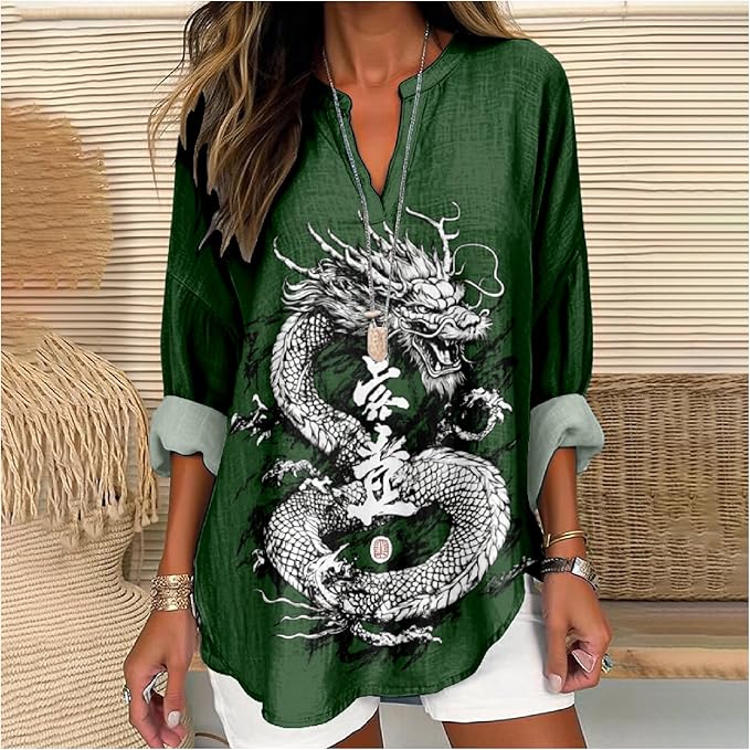 MARSVOVO V Neck Shirt For Women Boho Multi Style Blouse Long Sleeve Novelty Graphic Plus Size Pullover Tops For Women