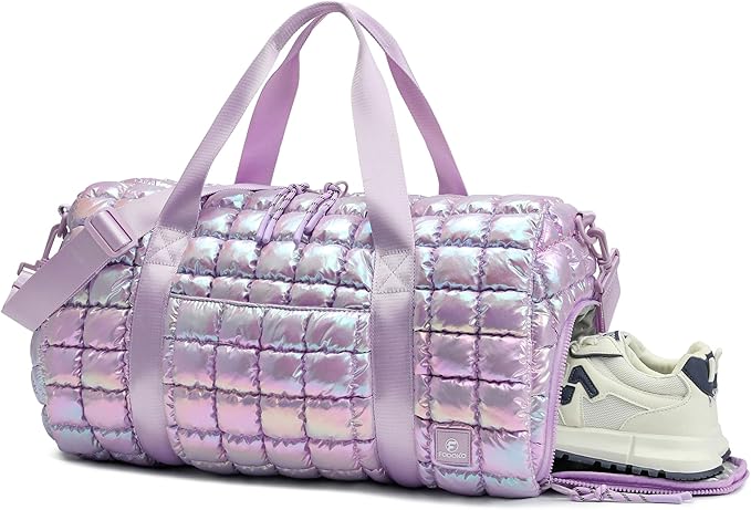 Quilted Duffel Bag for Women, Puffer Gym Duffle Bag with Shoe Compartment Lightweight Large Crossbody Sport Travel Bag Tote Purple Lilac