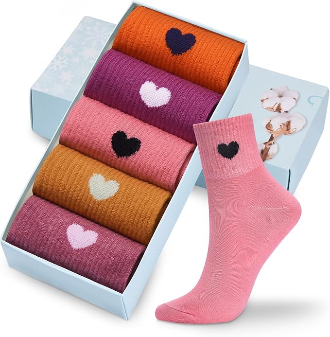 Corlap Women's Cute Cotton Crew Athletic Running Socks - Ankle High, Novelty Fun Heart Design 5-Pairs (Gift Box)