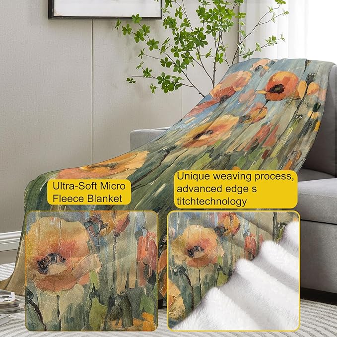 Abstract Poppy Field Painting Blanket, Vintage Floral Flannel Throw Blankets,Soft Warm Lightweight Cozy Plush Throws for Bedroom Sofa Office Home Decor Gifts for Women Girls 50"x40"