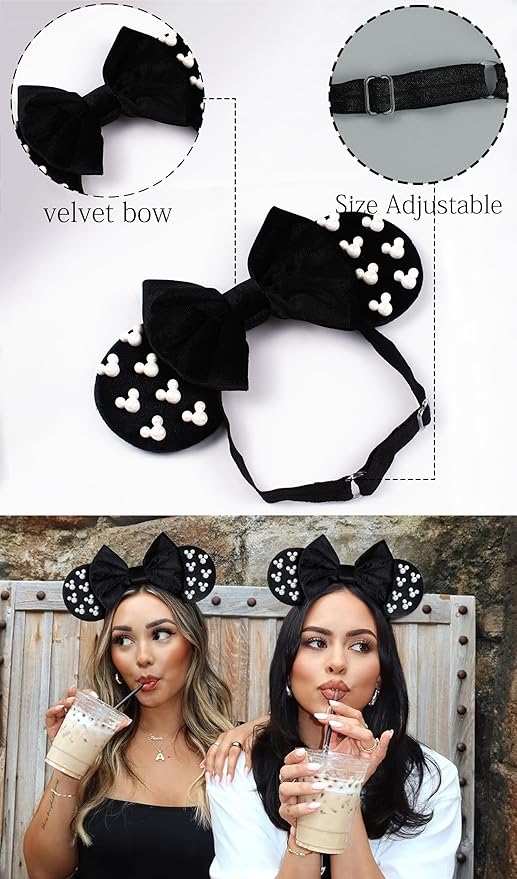 WW-WONDERFULWORLD Mouse Ears Headband with Velvet Bow and Pearl Accents, Black, Adjustable Elastic Hair Band - Headache-Free, Cosplay Costume Headwear for Minnie Party Supplies, Classic; FD1BK