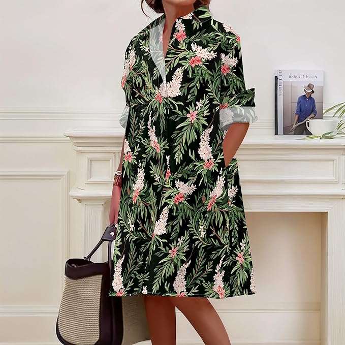 Shirt Dresses for Women 2025 Summer Long Sleeve Casual Plus Size Floral Printed Beach Vacation Dress with Pockets