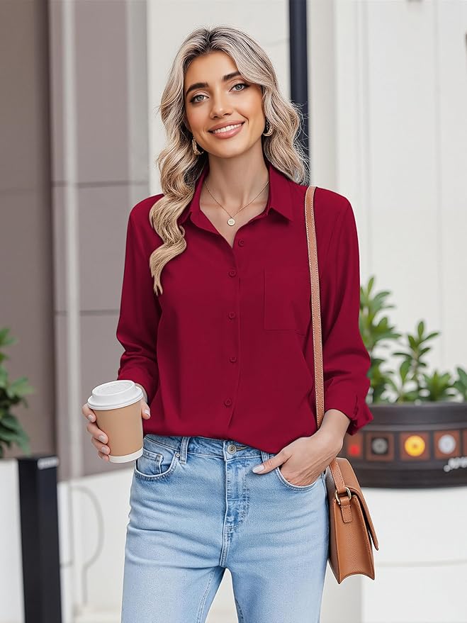 HOTOUCH Button Down Shirts for Women Long Sleeve Blouse Dressy Casual Business Work Tops with Pocket