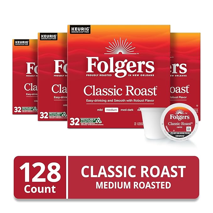 Folgers Classic Roast Medium Roast Coffee, 128 Keurig K-Cup Pods