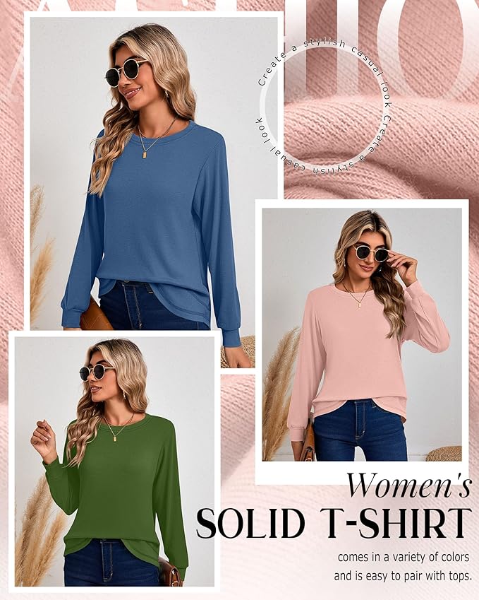 Ficerd 3 Pack Women's Long Sleeve Shirts, Cotton Crew Neck Tunic Tops Casual Loose Fit Pullover Sweatshirts Curved Hem Shirts