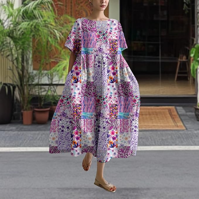MARSVOVO Patchwork Flowy Dresses for Women Plus Size Loose Casual Tunic Dress Elegant Crewneck Maxi Dresses with Pockets