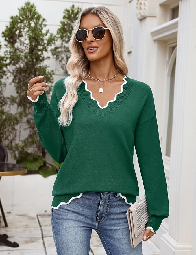 Zeagoo Women's 2026 Fall V Neck Sweater Casual Long Sleeve Lightweight Ribbed Knit Pullover Sweaters Dressy Casual Tops
