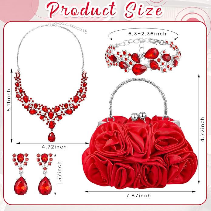4 Pcs Flower Clutch Rhinestone Jewelry Set Rose Clutch Handbags with Detachable Strap Detachable Necklace Earrings Bracelets for Wedding Party Prom Valentine Gift