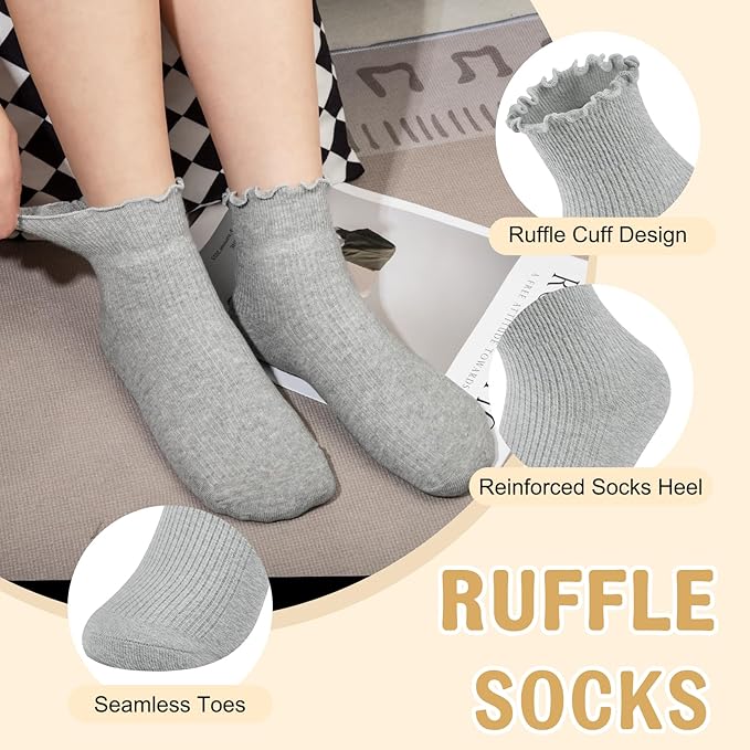 Justay 8 Pairs Ruffle Socks Woman Cute Frilly Soft Cotton Crew Ankle Socks for Women Gifts