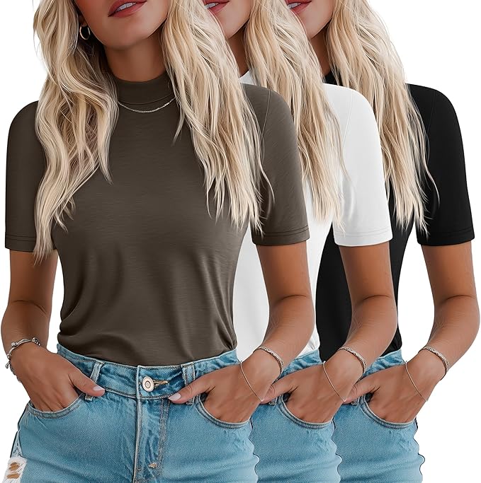 Ficerd 3 Pack Women's 1/2 Sleeve Mock Turtleneck Shirts, Elbow Length Shirt Half Sleeve Tunic Top Casual Summer Basic Tees