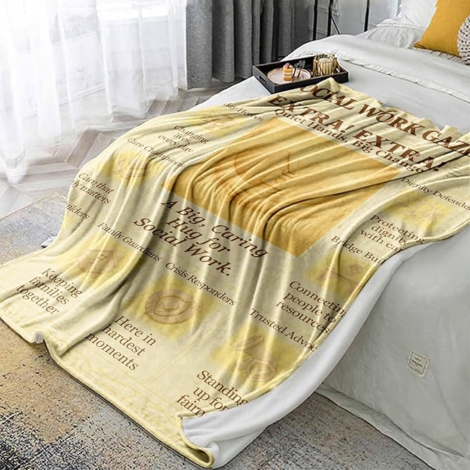 Social Worker Gifts Blanket 60x50in Flannel Throw, Vintage Newspaper-Style Office Decor, Appreciation & Graduation Present for Women & Men, Social Work Month, Soft Lap Cover for School Counselor