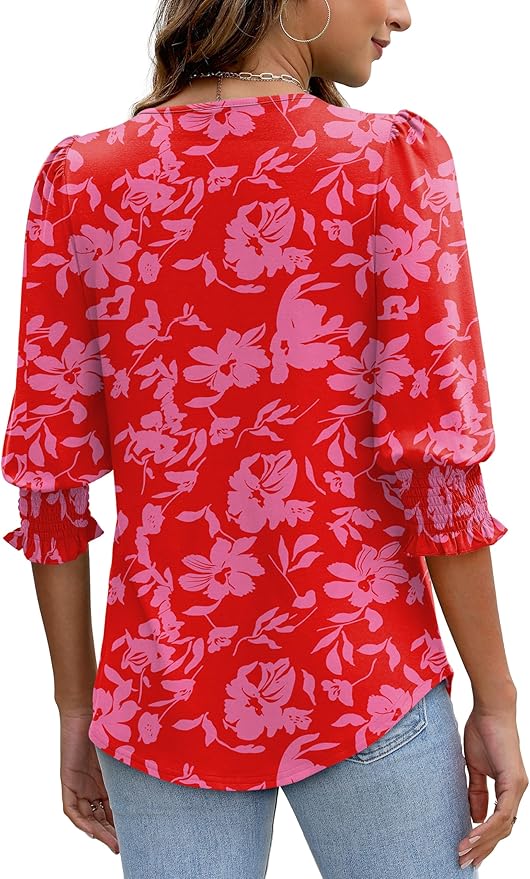 XIEERDUO Blouses for Women Dressy Casual 3/4 Length Sleeve Womens Tops with Smocked Cuffs