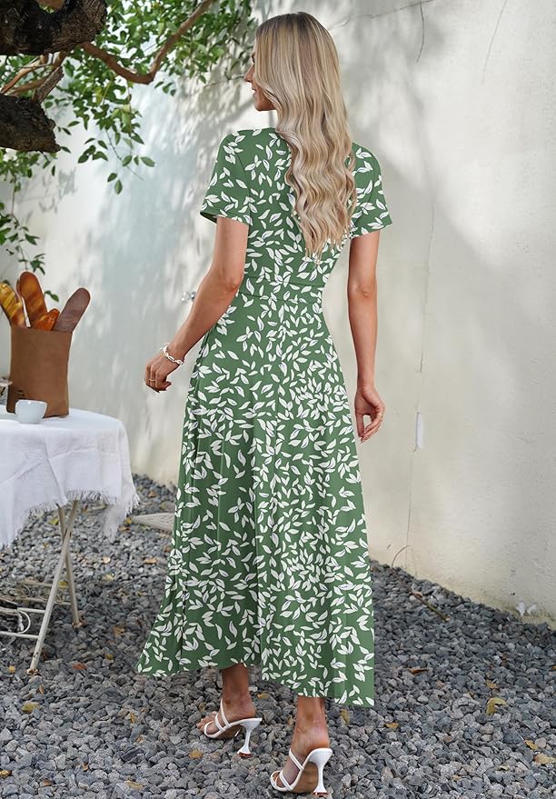 AUSELILY Maxi Dresses for Women Ankle Length Floral Print Beach Long Flowy Dress with Pockets
