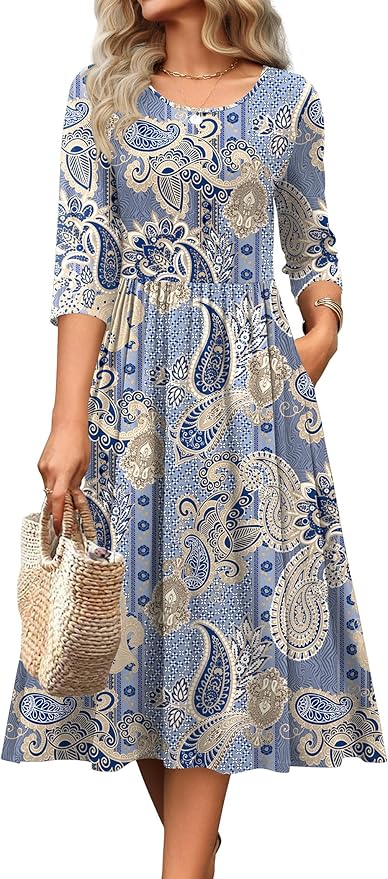 Zeagoo 3/4 Sleeve Women's Dress Casual Flowy A-Line Midi Tshirt Dresses with Pockets Crewneck Vocation Boho Beach Sundress