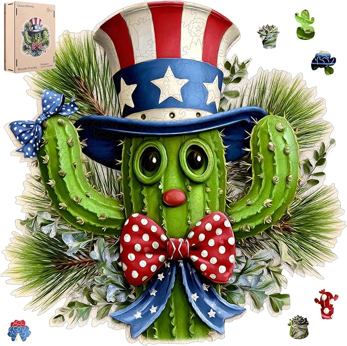 MEATRN Puzzles for Adults - Playful Cartoon Cactus Design with Hat Wooden Puzzles, Unique Plants Wood Jigsaw Puzzle for Friends and Children Gift, Family Game, 207 Pcs, 11.4 x 11.3in