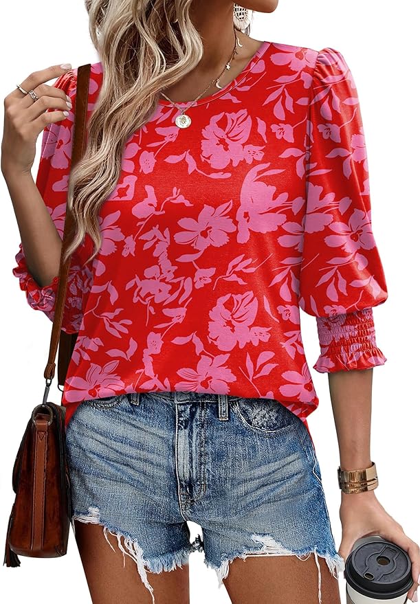 XIEERDUO Blouses for Women Dressy Casual 3/4 Length Sleeve Womens Tops with Smocked Cuffs