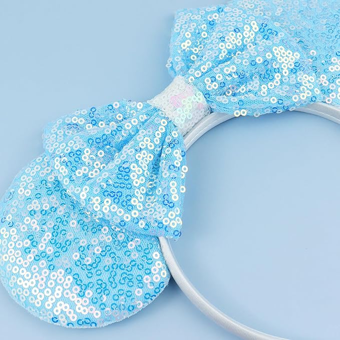 LIHELEI Mouse Ears Headband for Princess, Blue Cinderella Elsa Headbands for Women Halloween Costume, Sequin Bows Headwear Hair Accessories - Light Blue